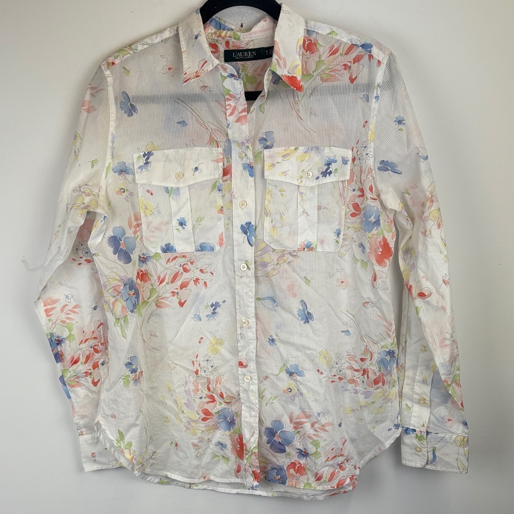 Lauren Ralph Lauren Floral Button-Up Long Sleeve Shirt Size Petite Large - Picture 2 of 10